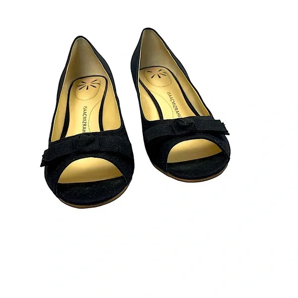 Isaac Mizrahi Live! Black Canvas Peep Toe
Straw like Wedges Bow Detail  … - Picture 15 of 17